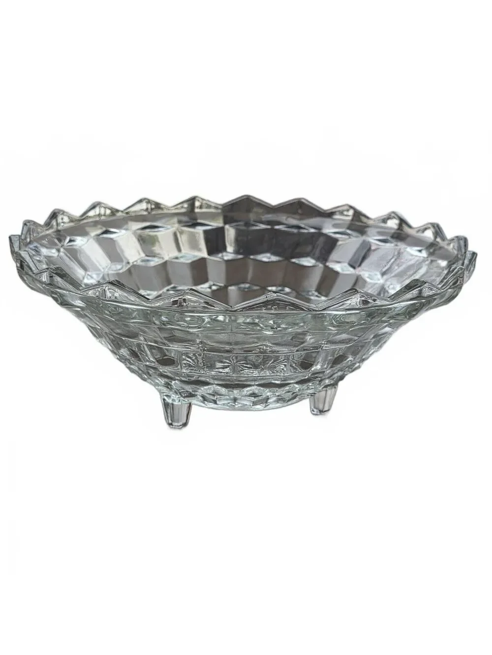 Vintage Clear Glass Footed Serving Bowl Cubist Diamond Point